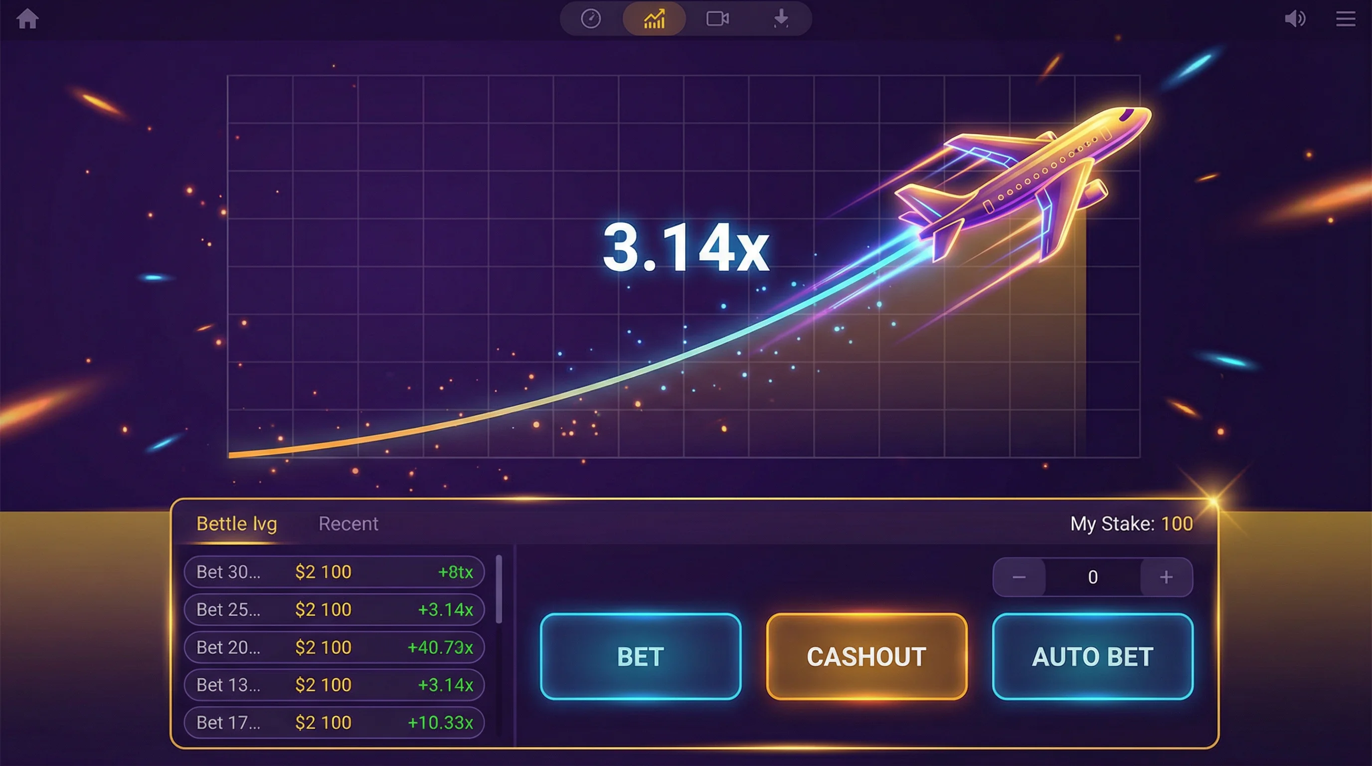 Juego Aviator con avión despegando y multiplicador