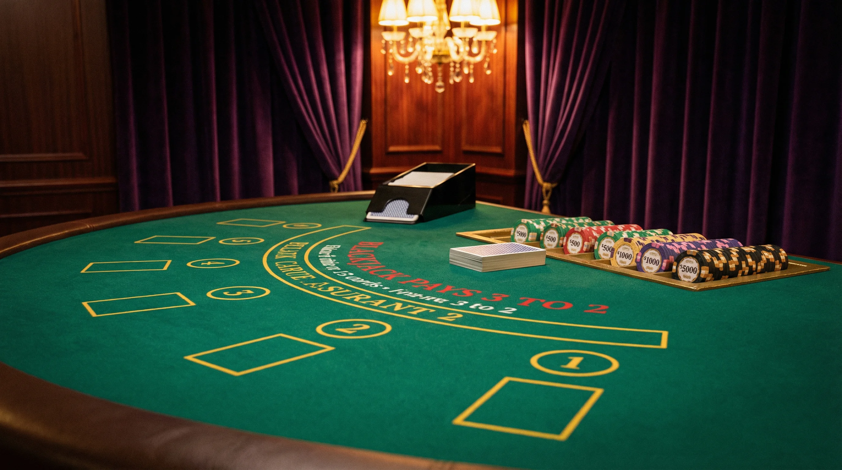 Mesa de blackjack elegante con fichas y cartas